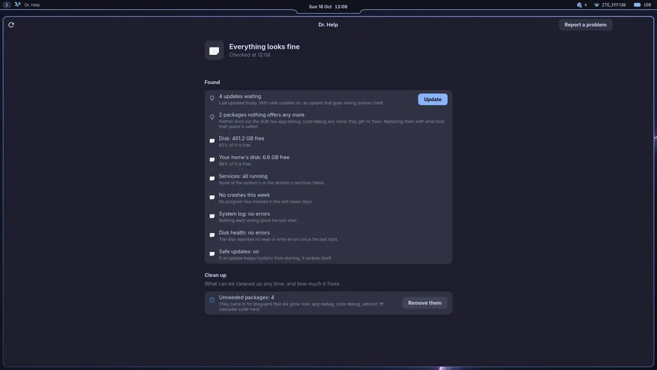 Dr. Help: a check-up of the system, each finding with a fix button.