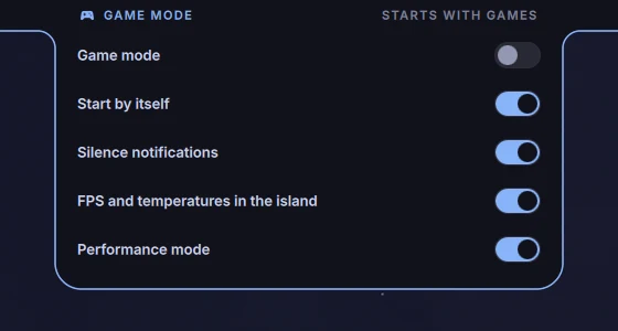 Game mode: on, with notifications silenced and the FPS shown.