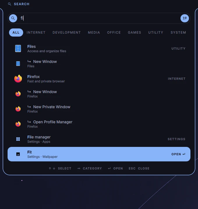The launcher: apps, settings, windows and files found as you type.