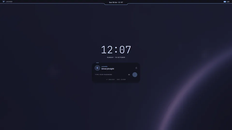 The lock screen: the blurred wallpaper behind a large clock, music controls under it.
