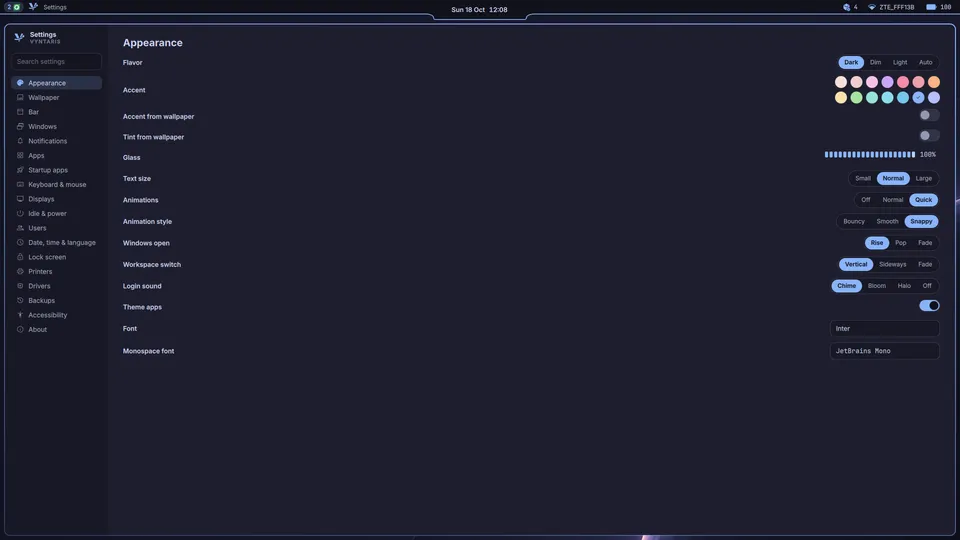Settings on its Appearance page: accent, mode, glass and animations.