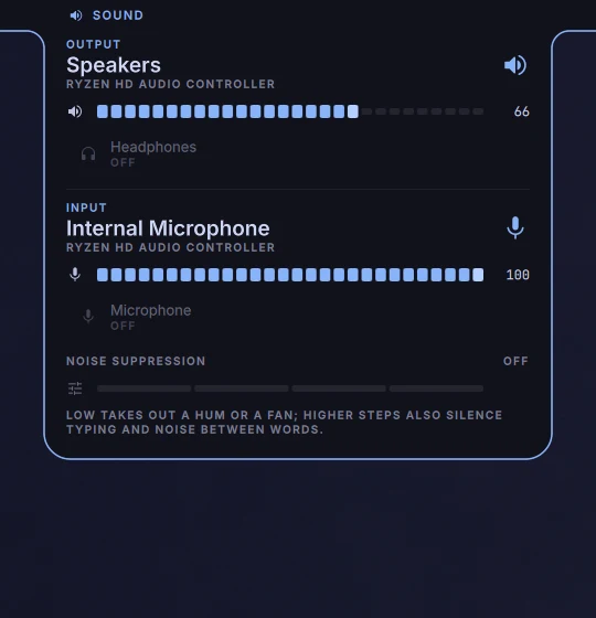 The sound panel: the output and input in use, their volume, and every other device.