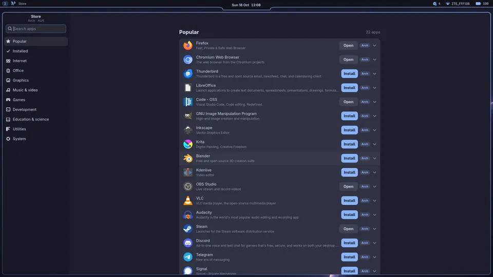 The Store: popular apps in a list, each with an Install button.