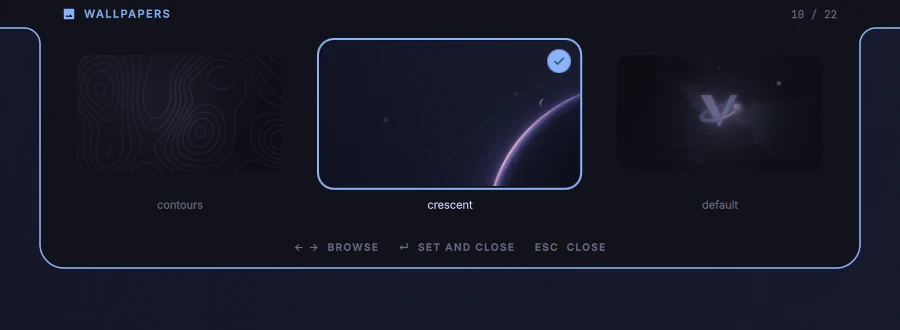 The wallpaper picker: wallpapers in a row under the bar.
