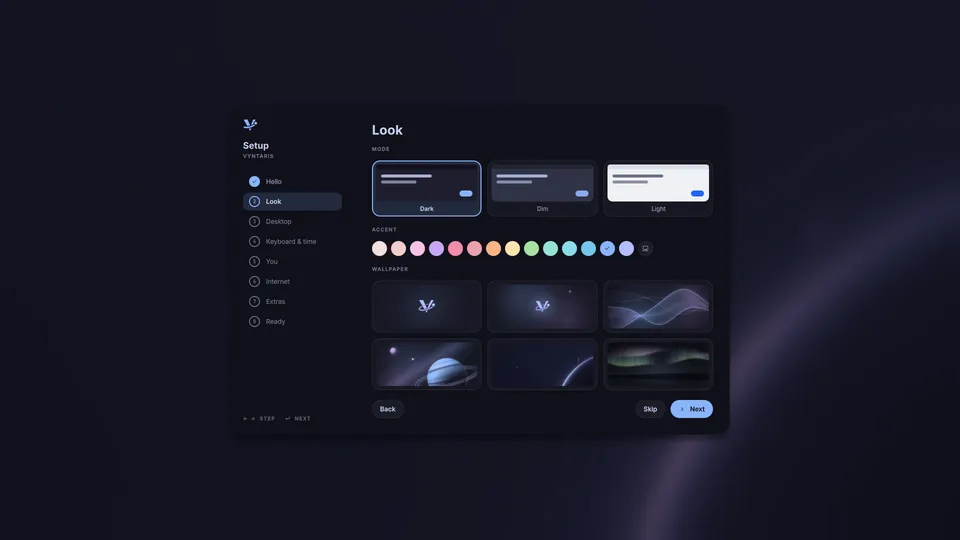 The welcome screen on its Look step: dark or light, accent and wallpaper.
